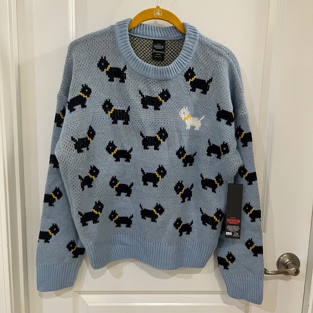 No Boundaries Stranger Things Scottie Dog Sweater Blue Knit Crewneck Large 12-14
